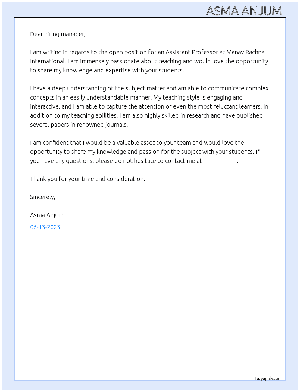 Assistant Professor  At Manav Rachna International Cover Letter