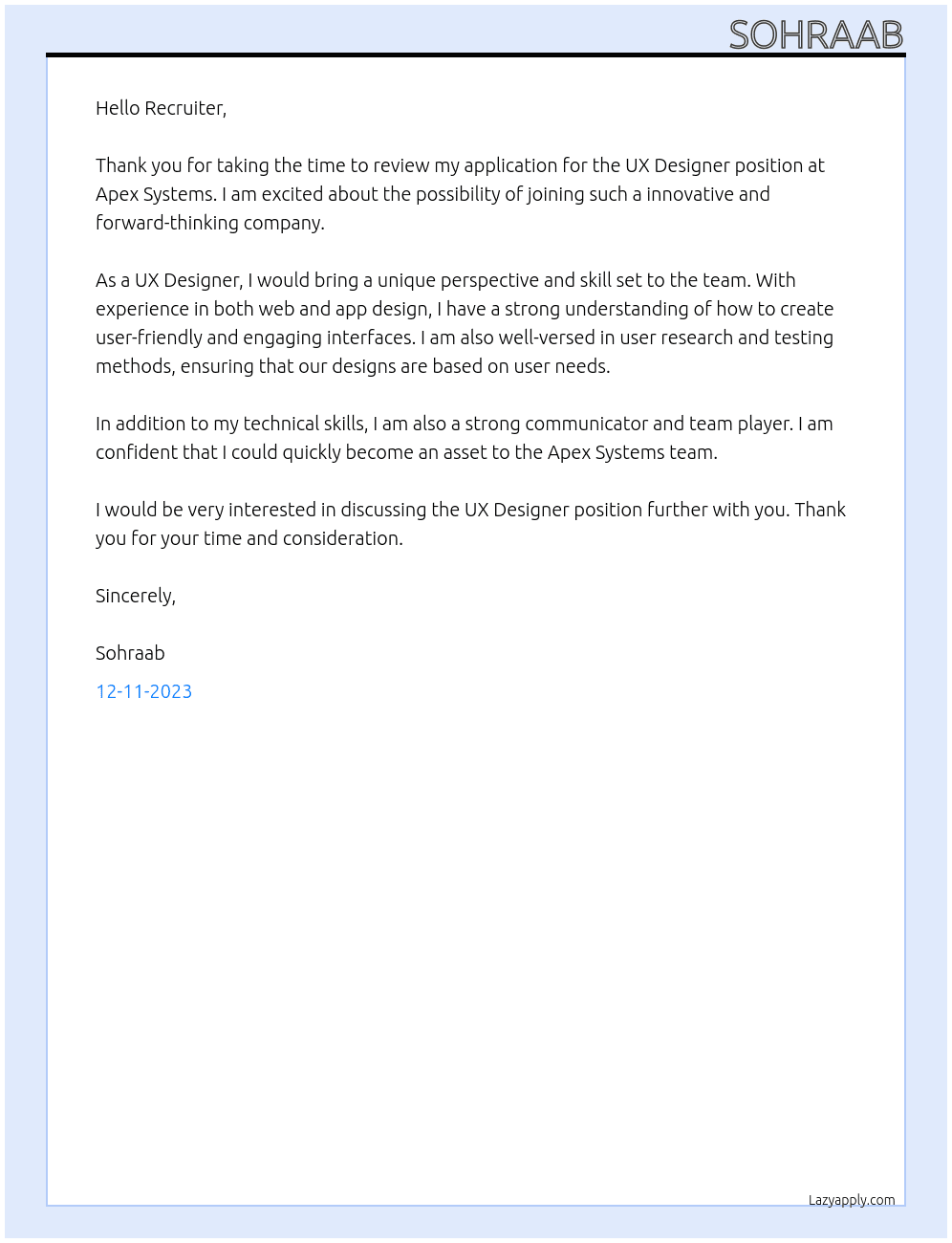 UX Designer At Apex Systems Cover Letter