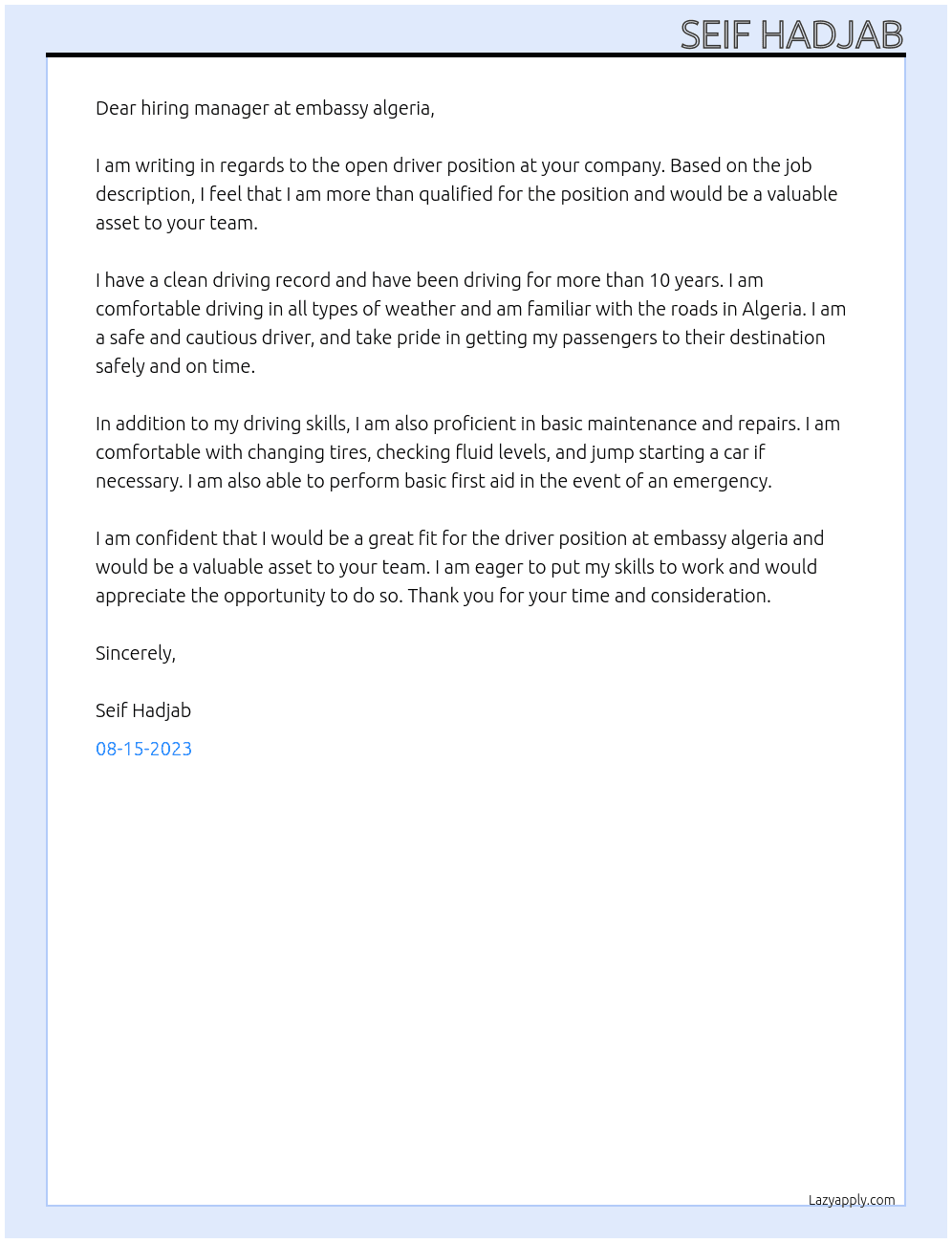 driver At embassy algeria Cover Letter