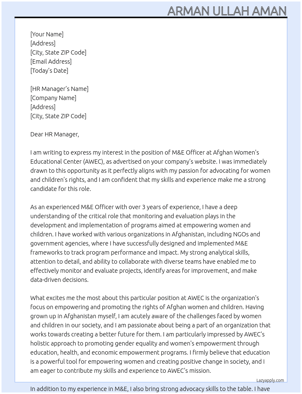 M&E Officer At Afghan Women's Educational center - AWEC Cover Letter