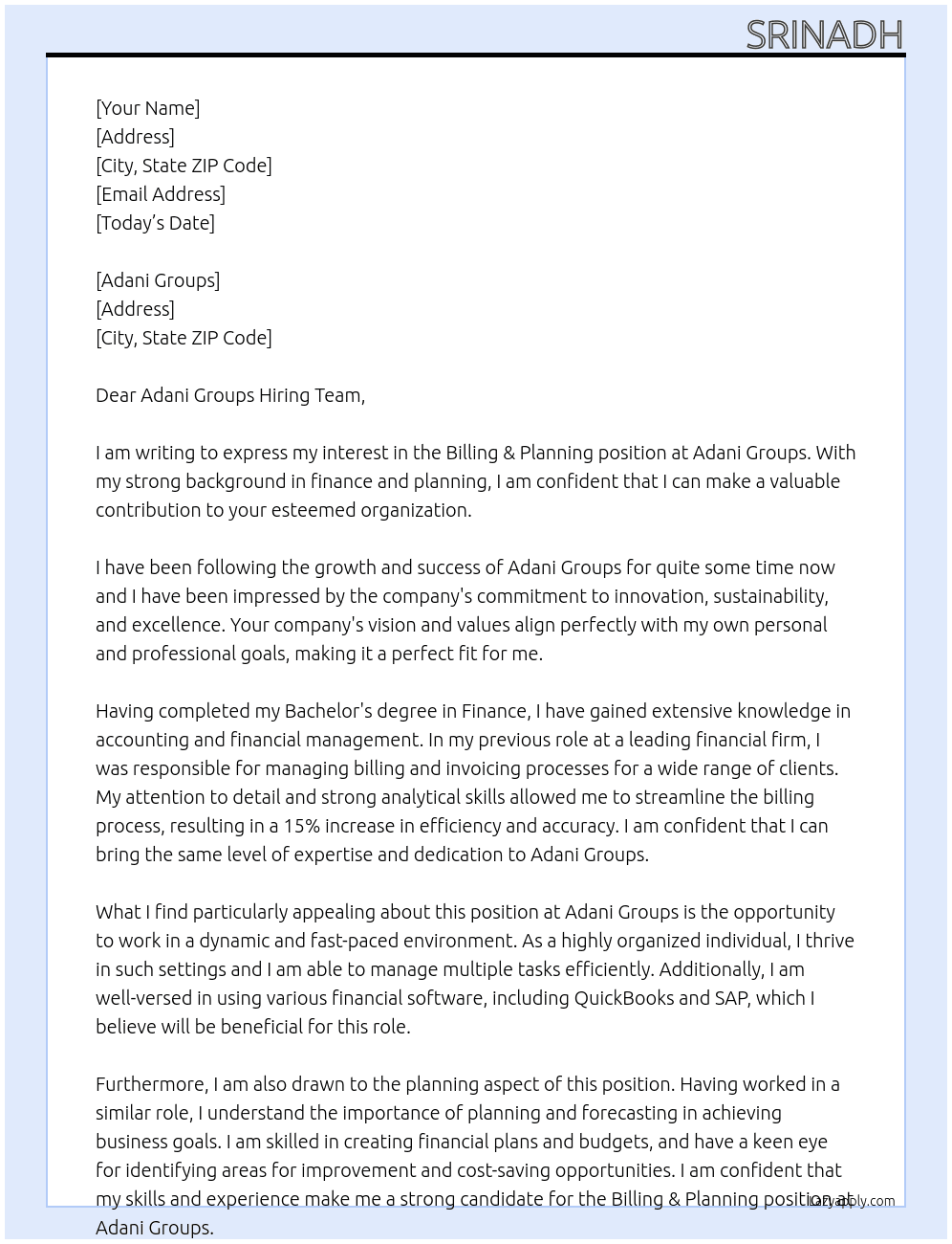 Billing & Planning At Adani Groups Cover Letter