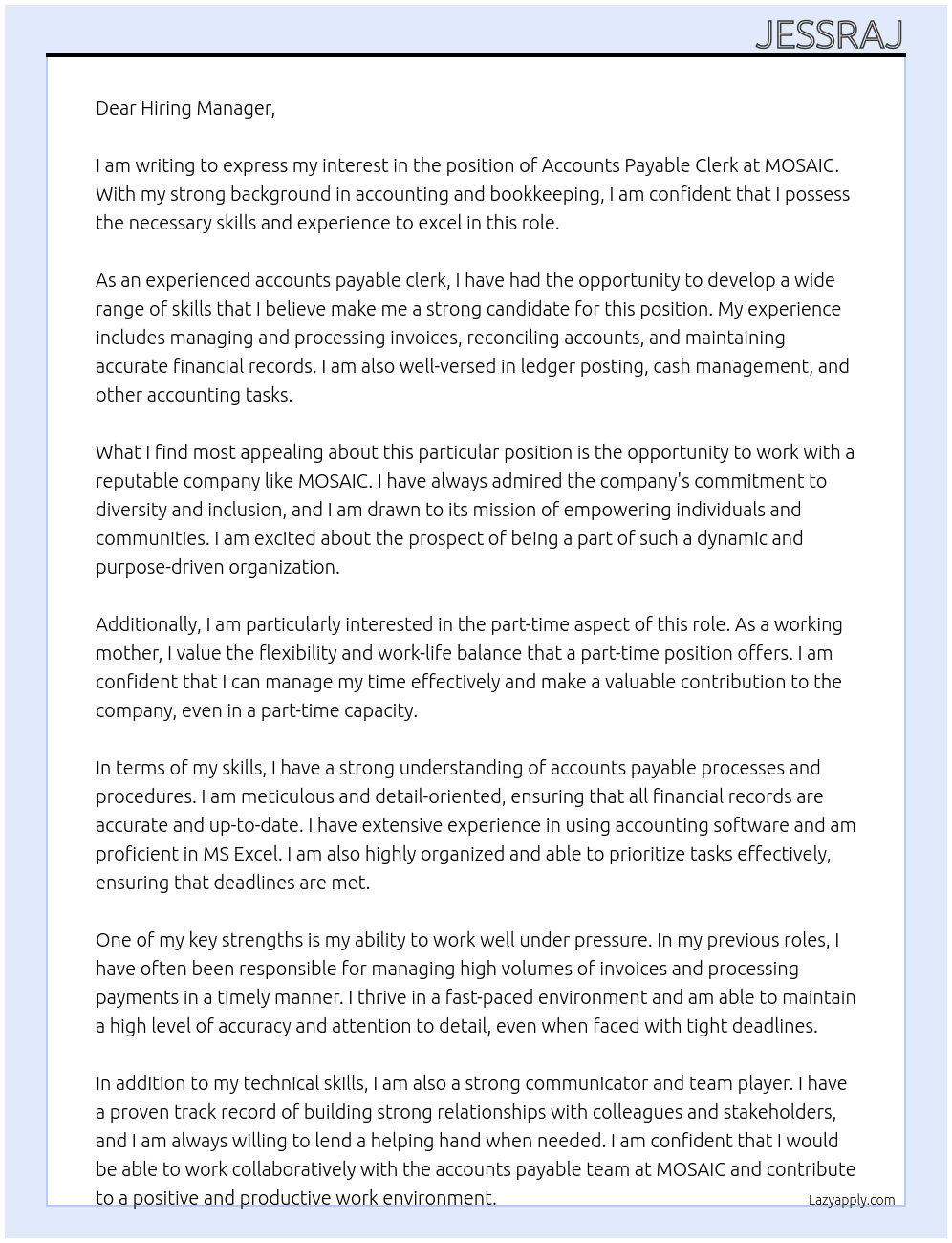 Accounts payable clerk At MOSAIC Cover Letter