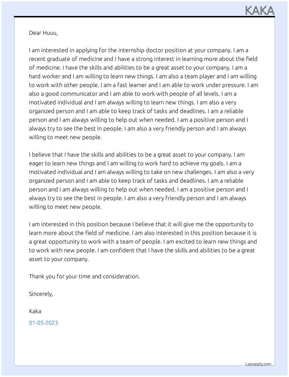 Intern doctor  At Huuu Cover Letter