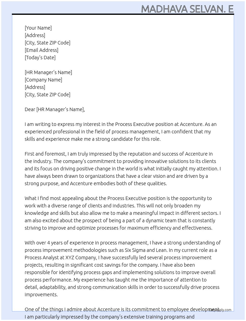 Process Executive At Accenture Cover Letter