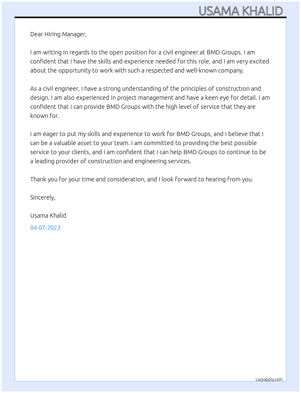 Civil Engineer  At BMD Groups Cover Letter