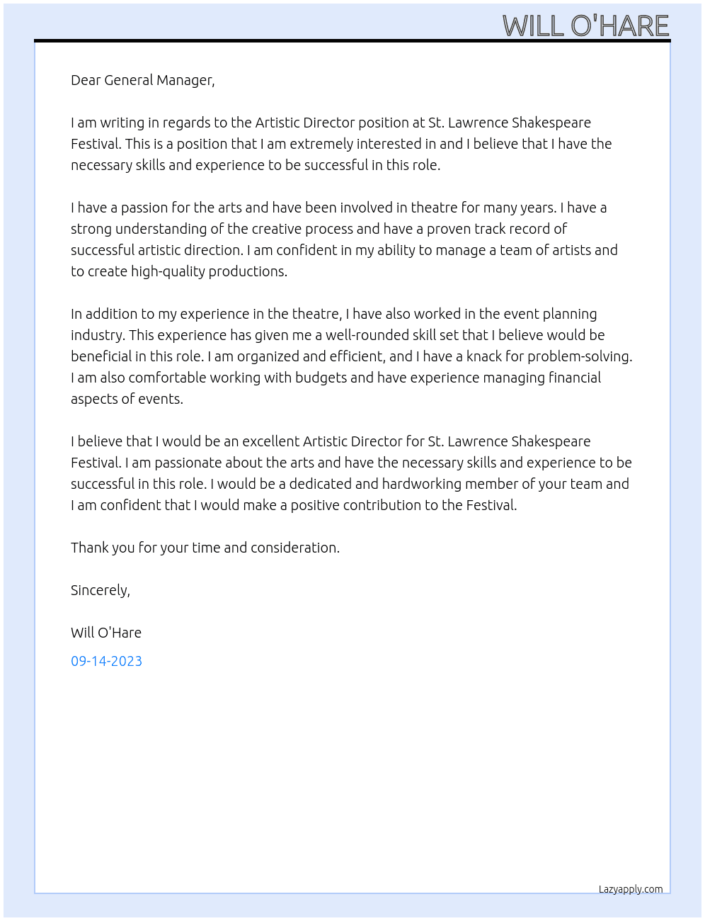 Artistic Director At St. Lawrence Shakespeare Festival Cover Letter