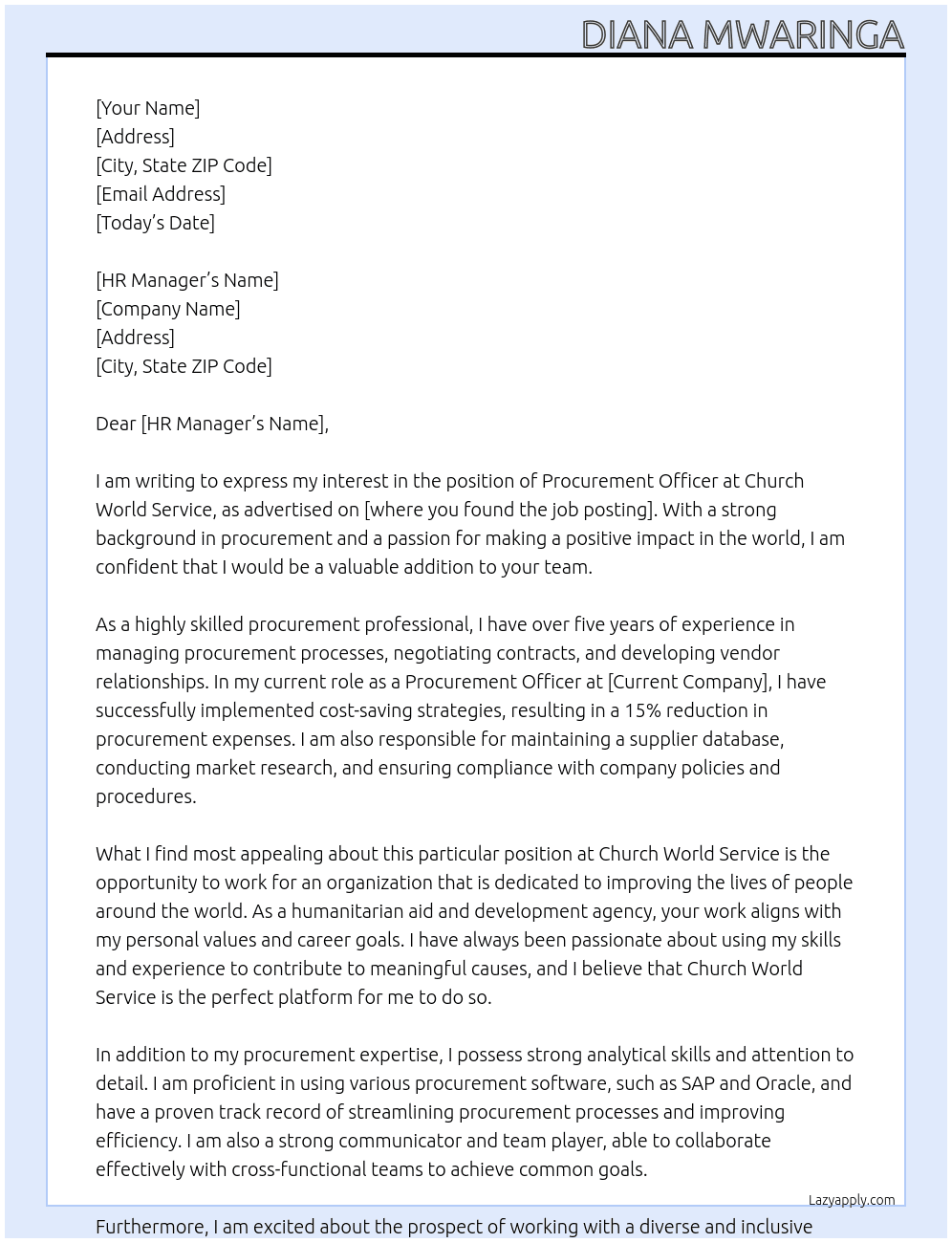 Procurement Officer At Church World Service Cover Letter