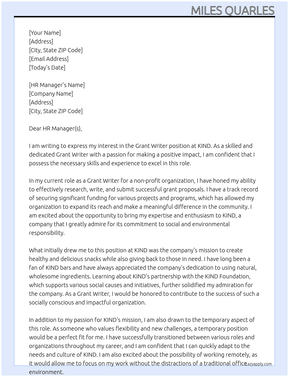 Grant Writer At KIND Cover Letter