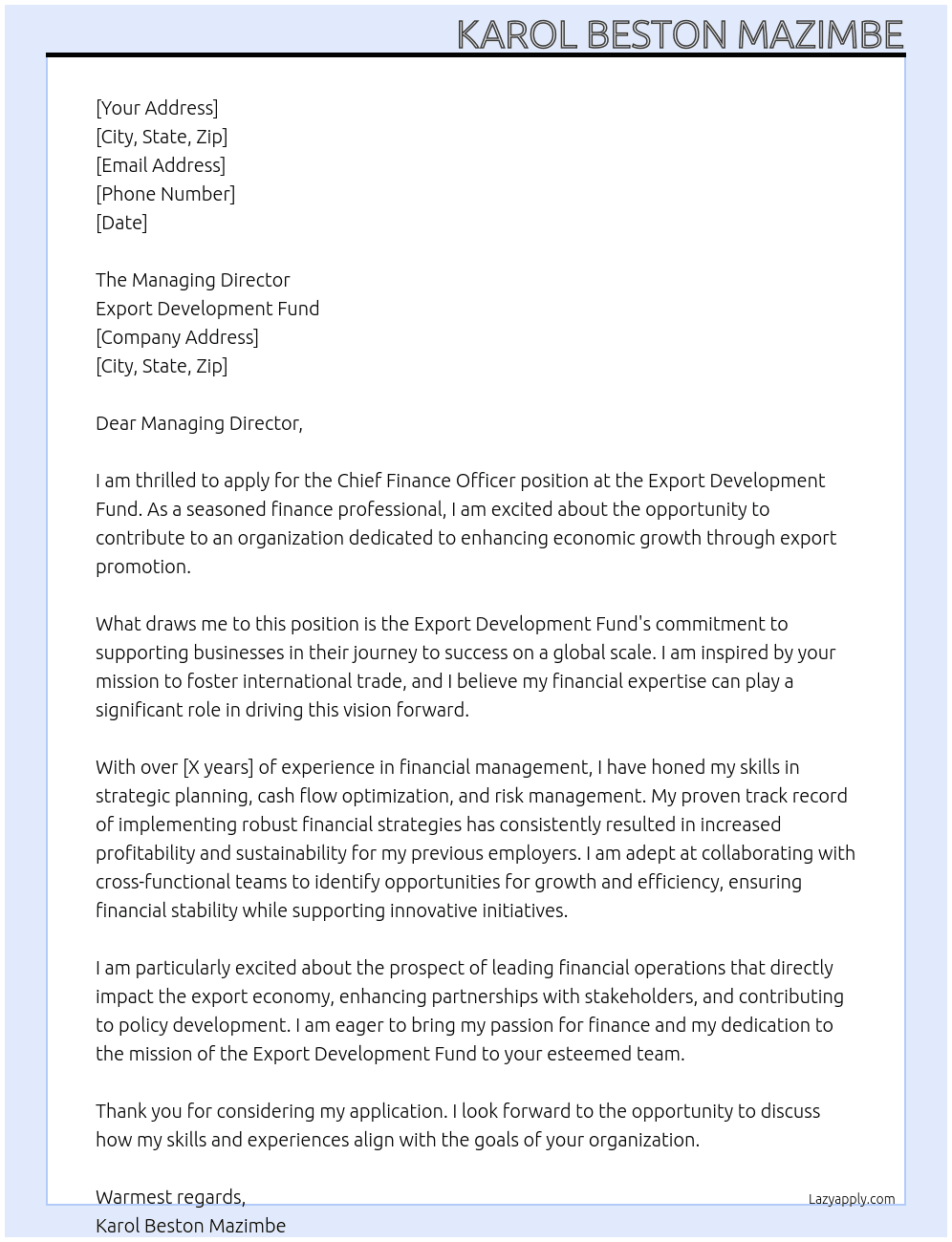 chief finance officer At Export Development Fund Cover Letter