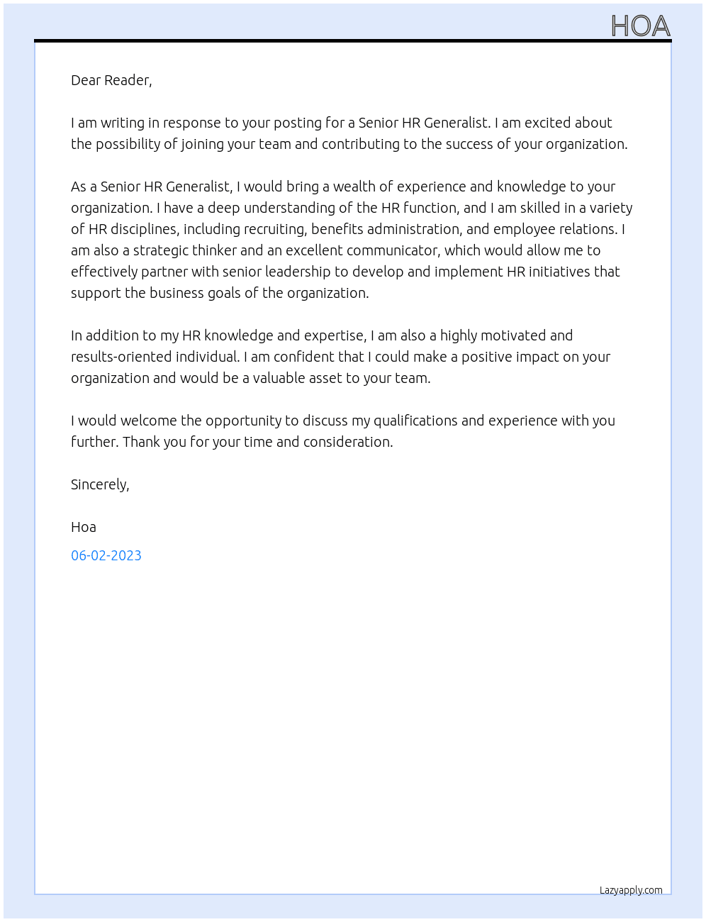 Senior HR Generalist At Sr. HR Generalist Cover Letter