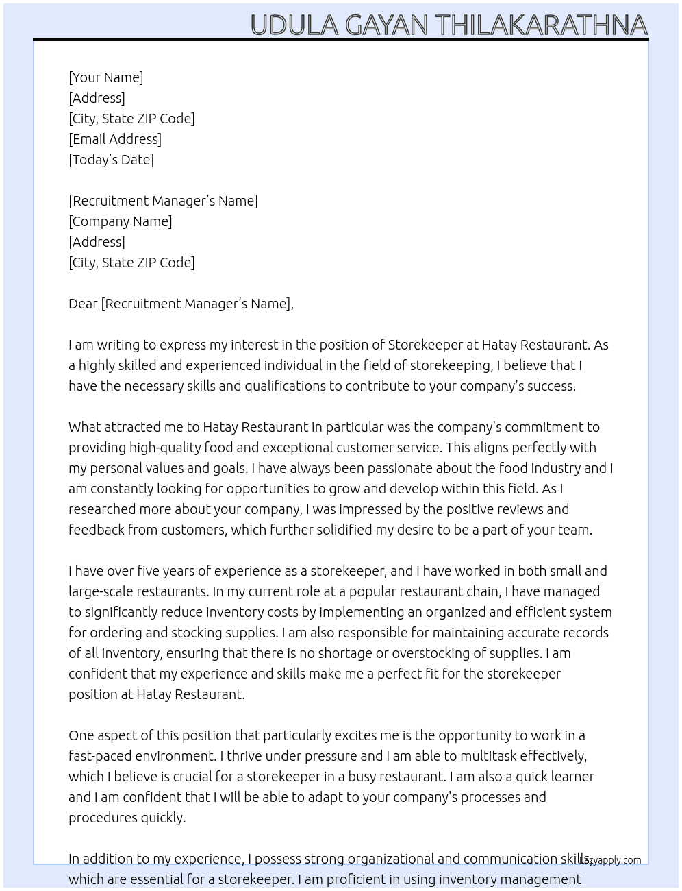 storekeeper At Hatay restaurant Cover Letter