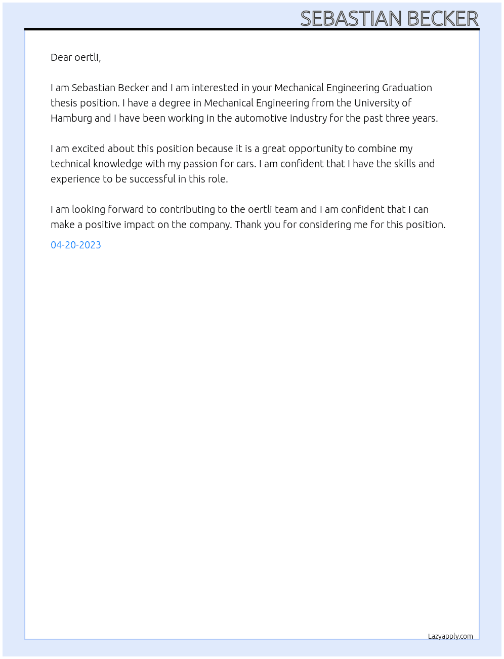 Mechanical Engineering Graduation thesis At oertli Cover Letter