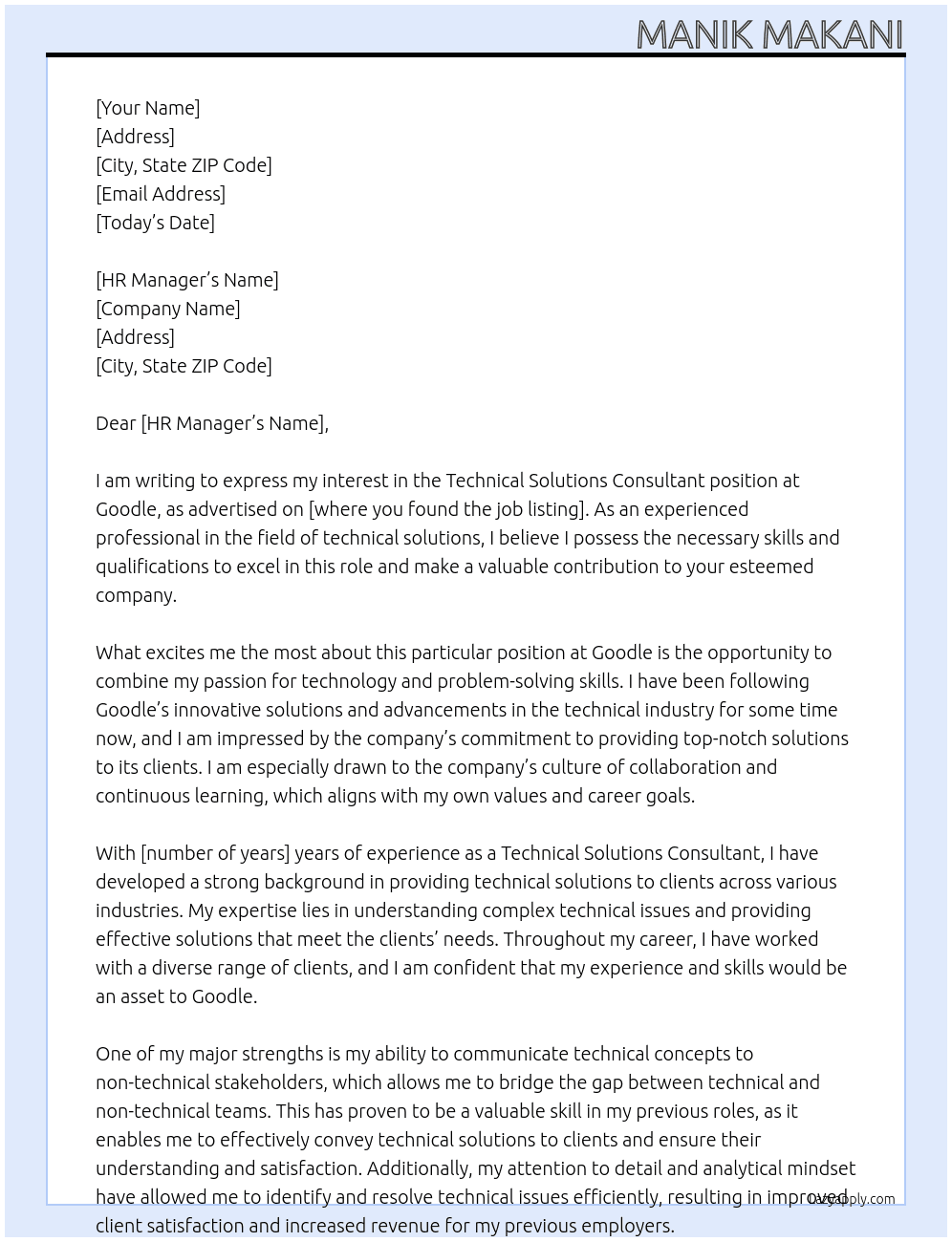 Technical Solutions Consultant At Goodle Cover Letter