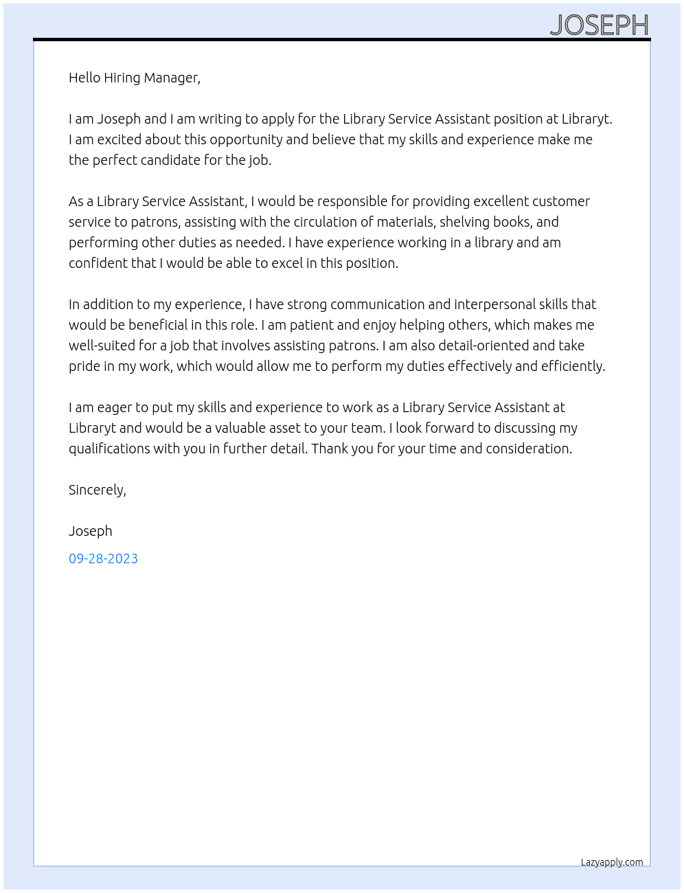 Cover letter for library service assistant - LazyApply