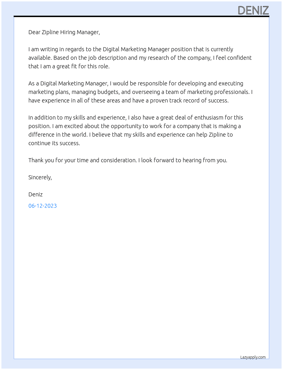 digital marketing manager At Zipline Cover Letter