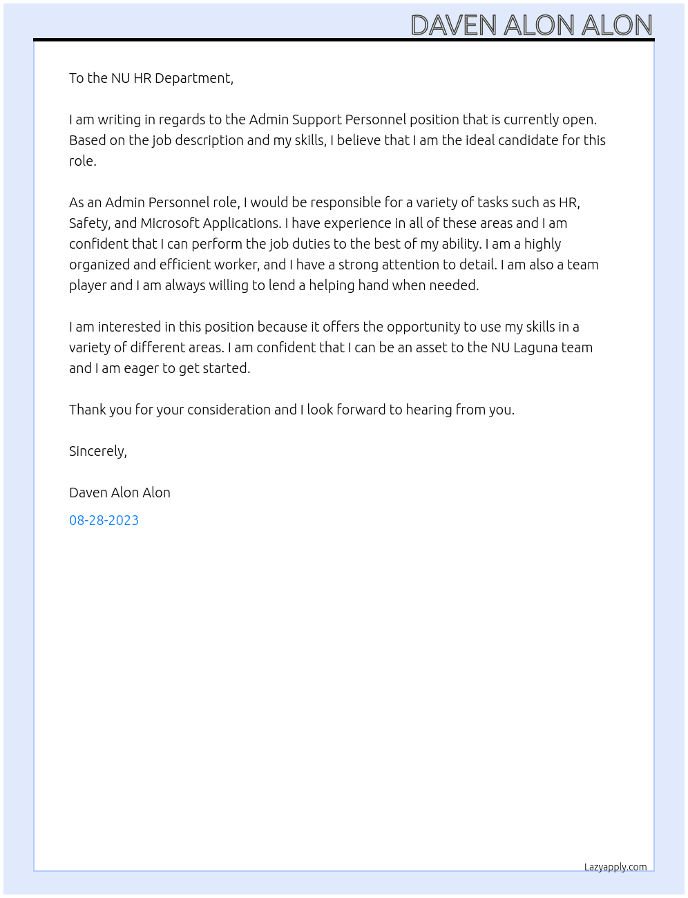 Admin Support Personnel At NU Laguna Cover Letter