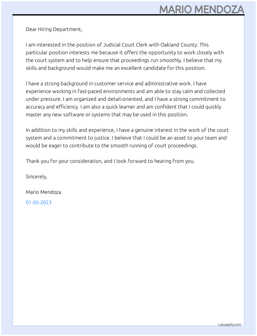 Cover letter for judicial court clerk - LazyApply