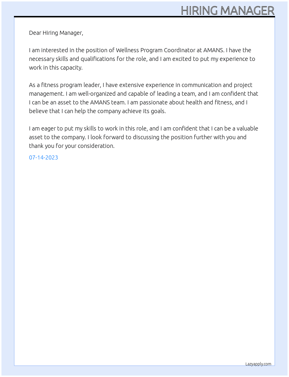 Wellness Program COordinator At AMANS Cover Letter