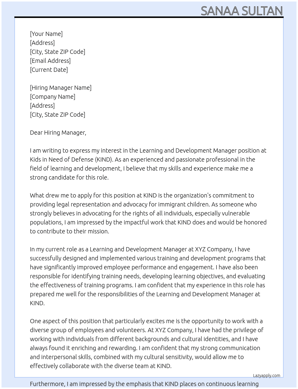 Learning and Development Manager At Kids in Need of Defense Cover Letter