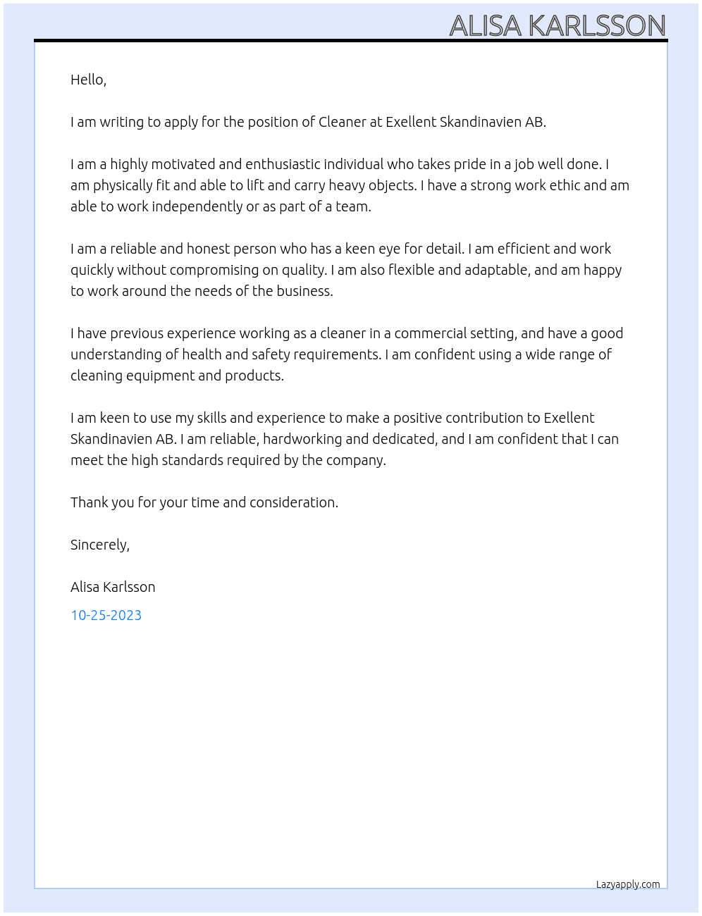 Cleaner At Exellent Skandinavien AB Cover Letter