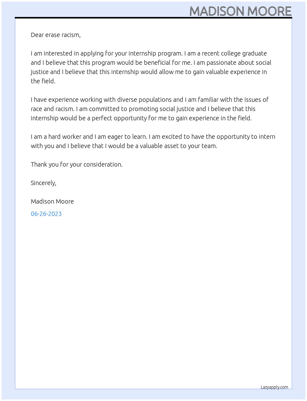 internship  At erase racism  Cover Letter