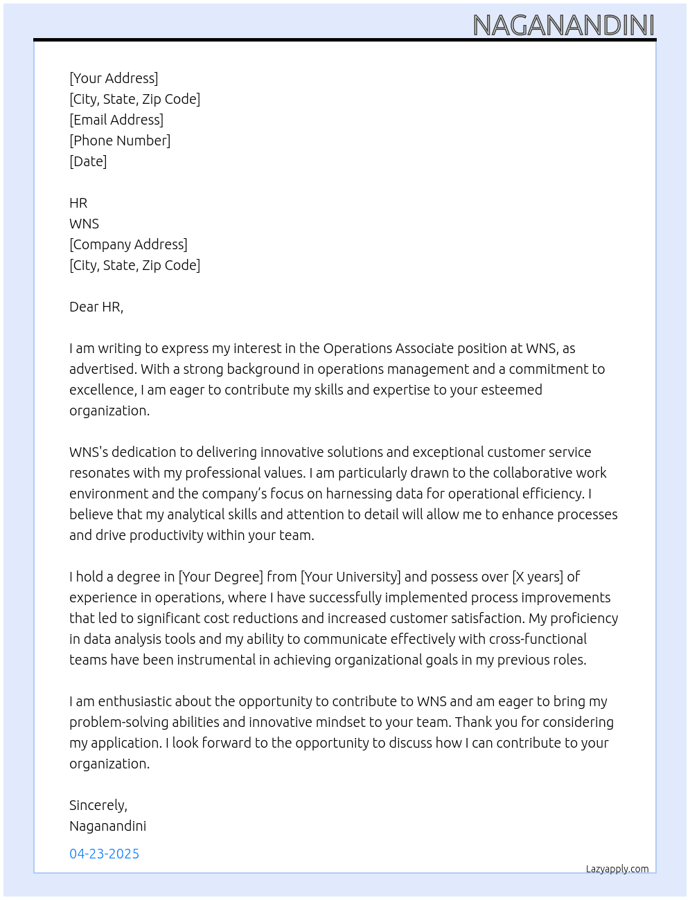 Operations Associate  At WNS Cover Letter