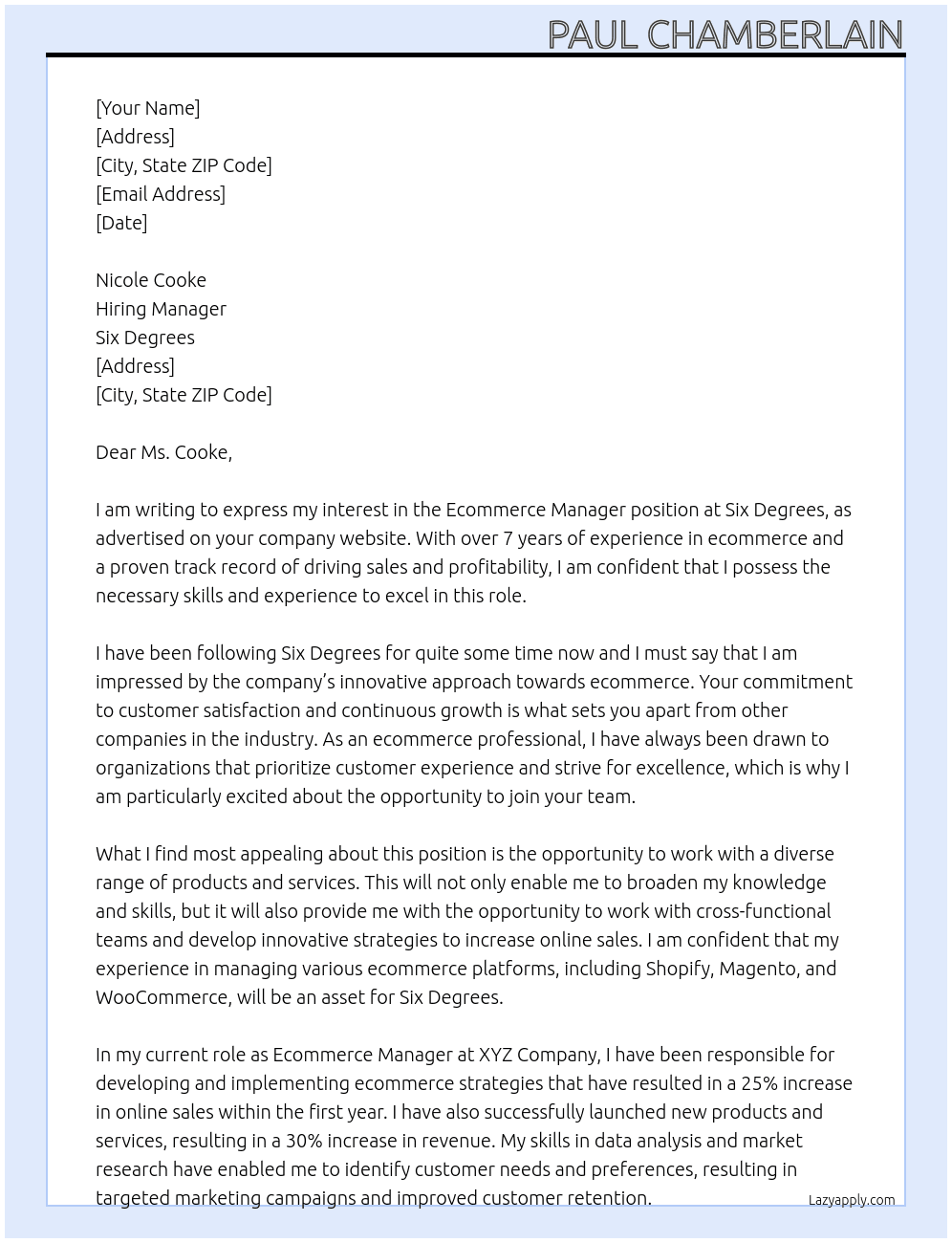 Ecommerce Manager At Six Degrees Cover Letter