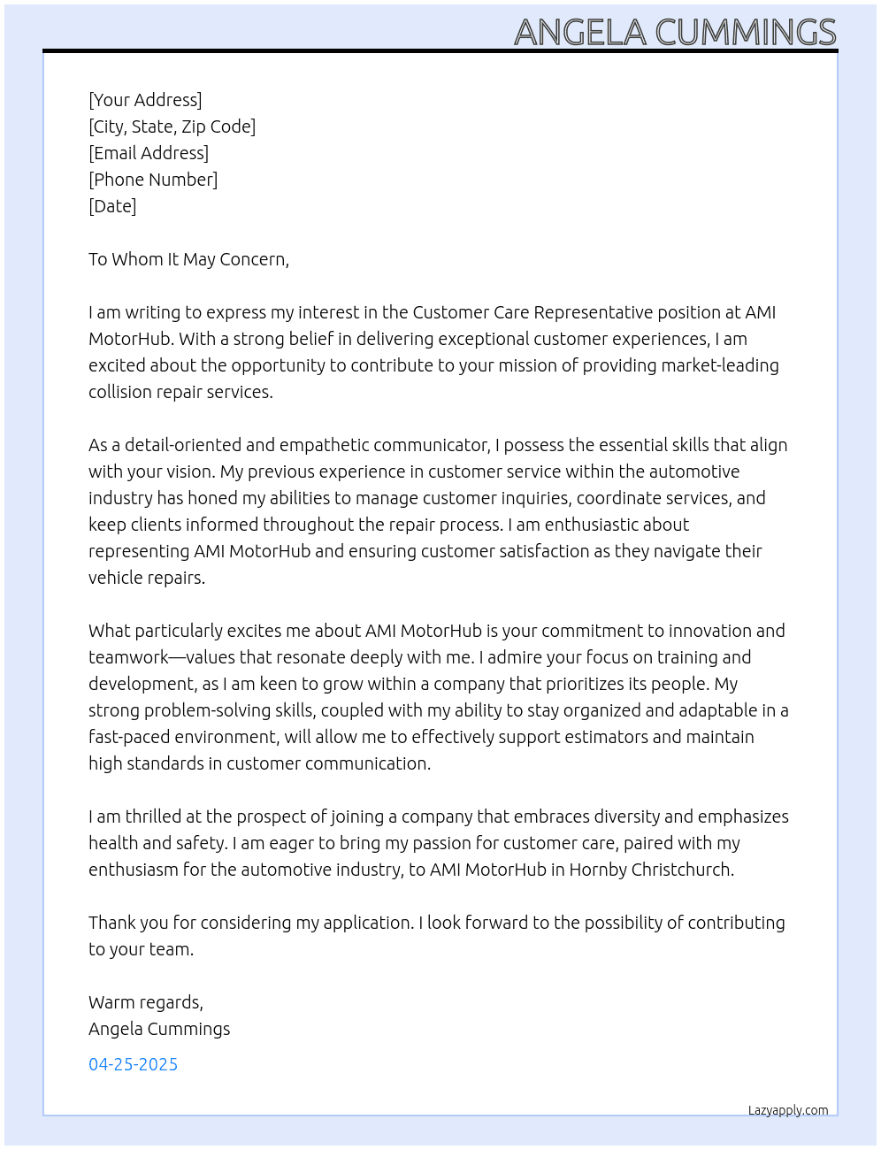 Customer Care Representative At AMI Motor Hub Cover Letter