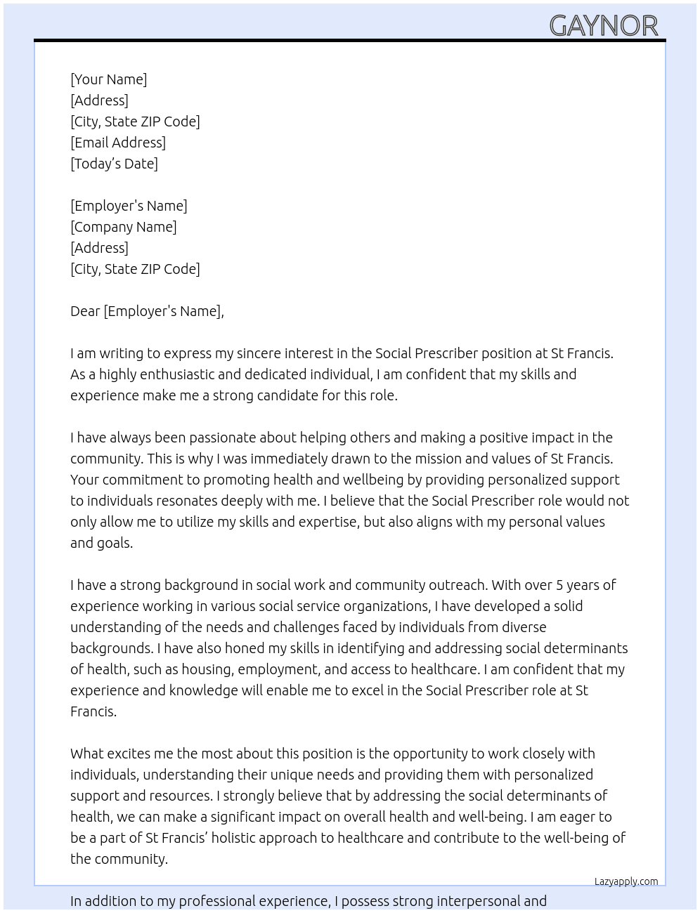 Socail prescriber  At st francis  Cover Letter