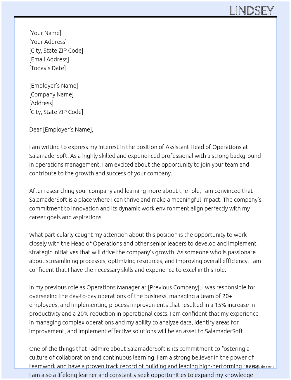 Assistant Head of Operations  At SalamaderSoft Cover Letter