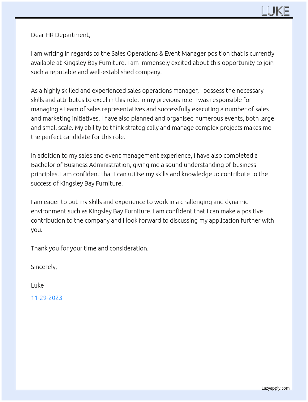 Sales Operations & Event Manager At Kingsley Bay Furniture  Cover Letter
