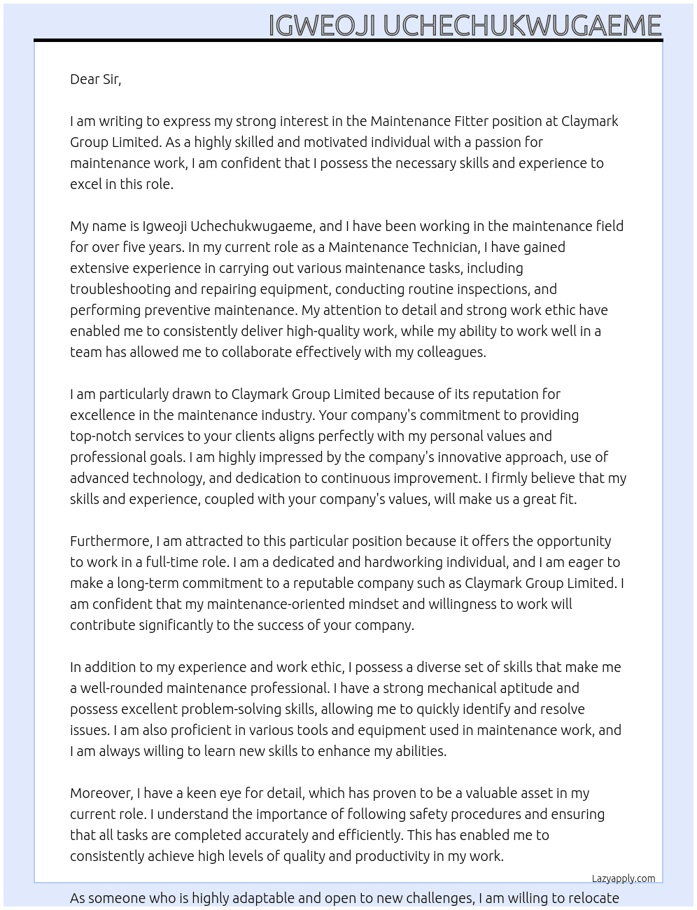 Maintenance Fitter At Claymark Group limited Cover Letter