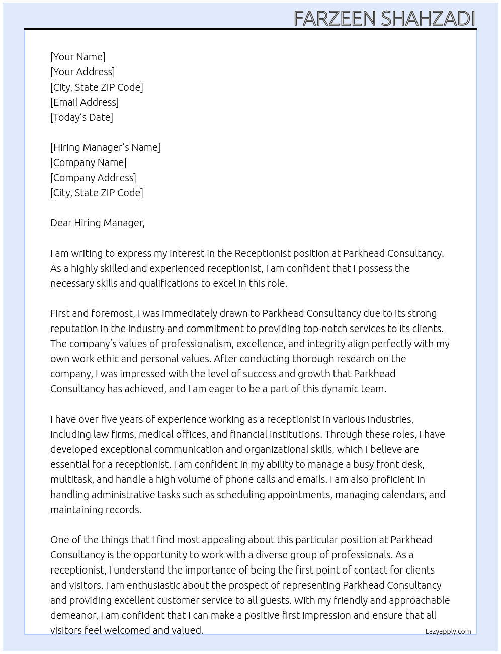 Receptionist At Parkhead Consultancy Cover Letter