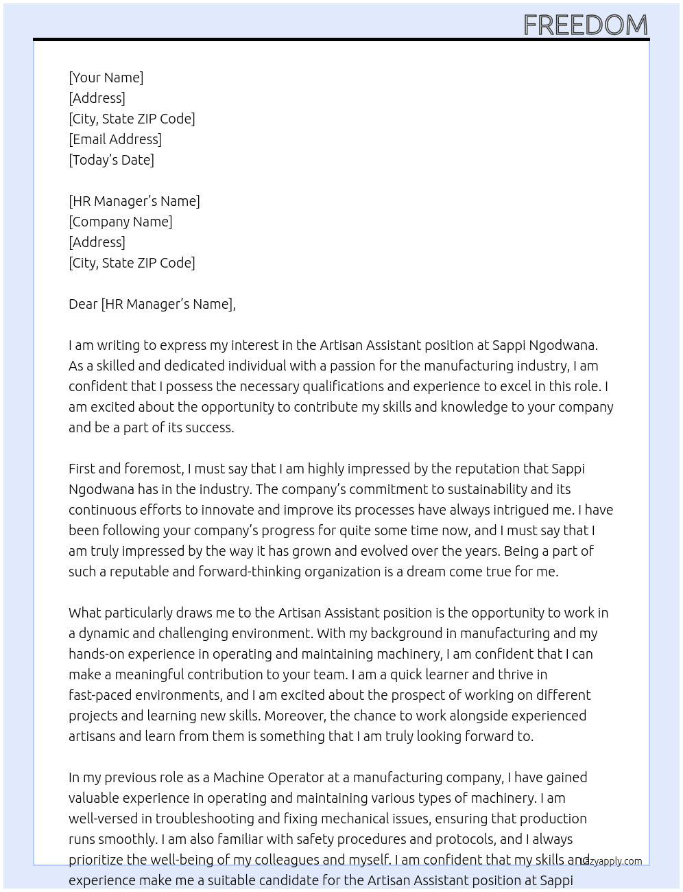 Cover letter for artisan assistant - LazyApply