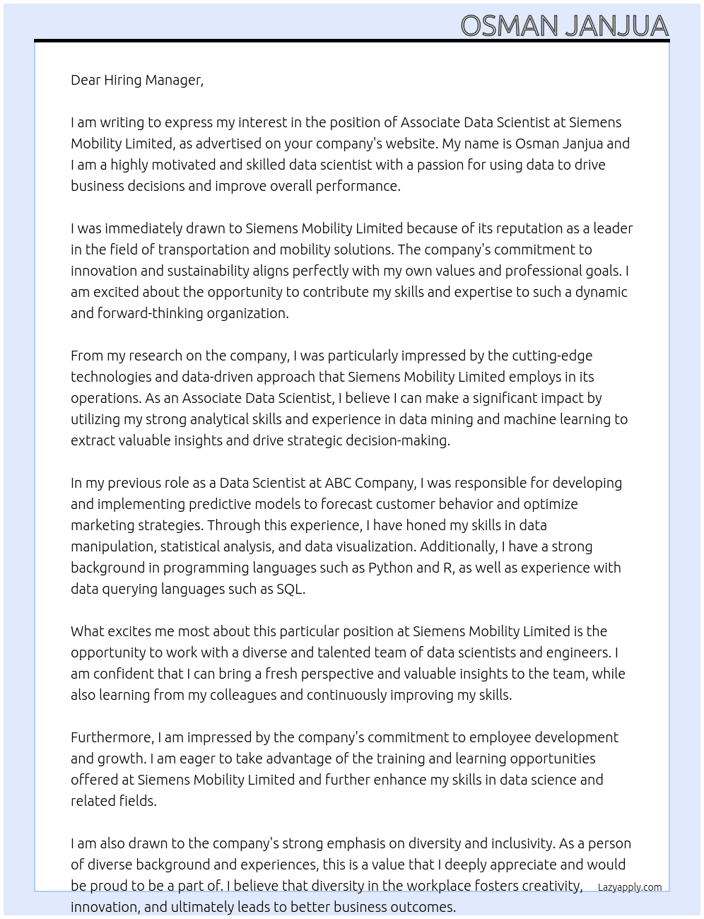 Associate Data Scientist At Siemens Mobility Limited Cover Letter