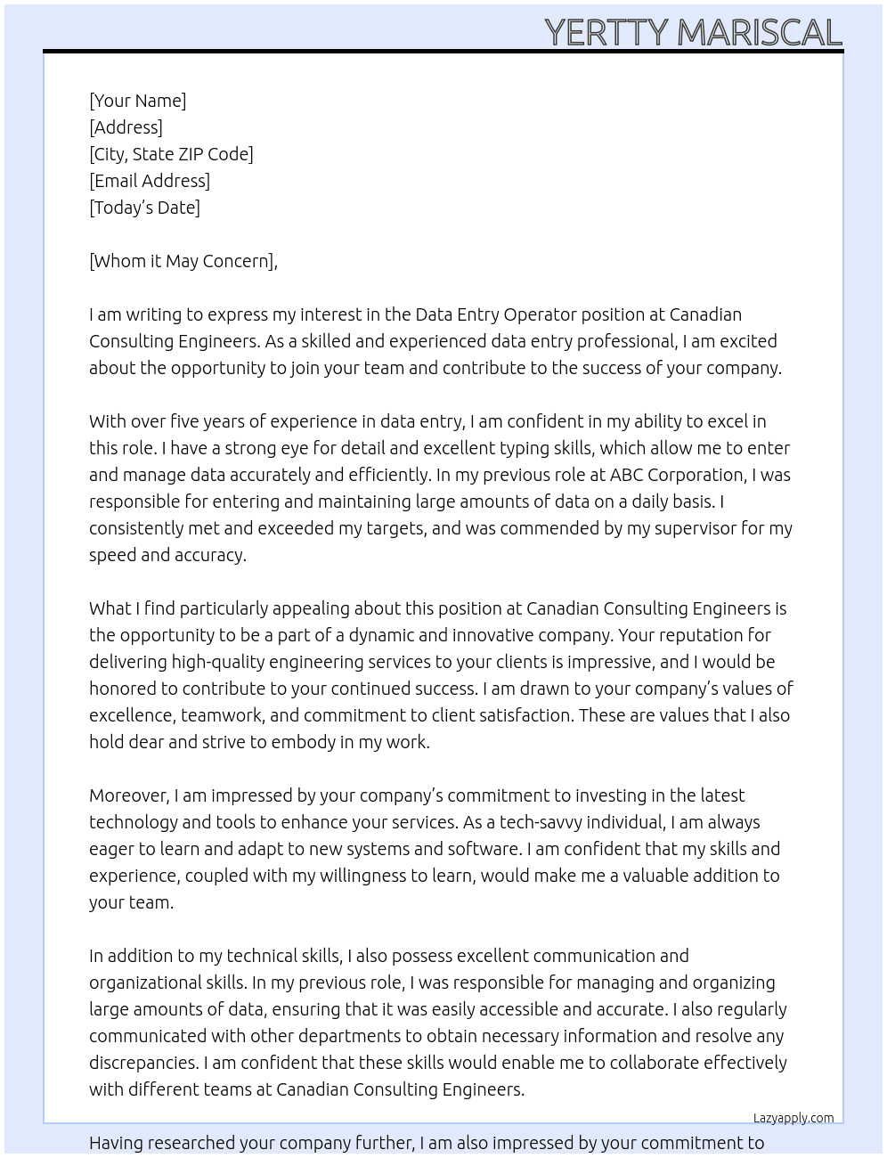 Data Entry Operator At Canadian Consulting Engineers Cover Letter