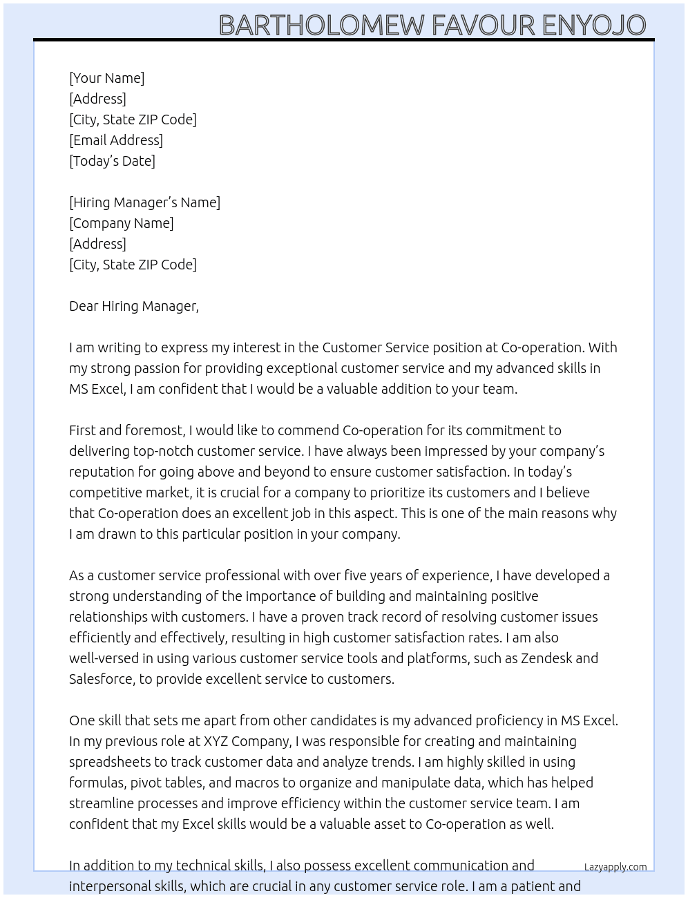 customer service At Co-operation Cover Letter