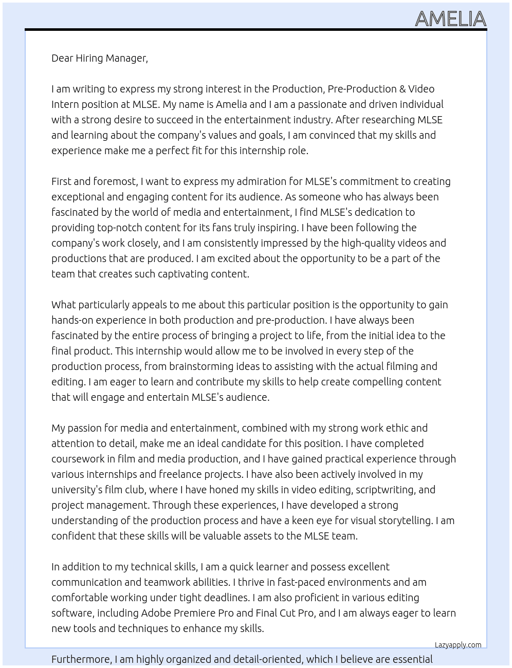 Production, Pre-Production & Video Intern At MLSE Cover Letter