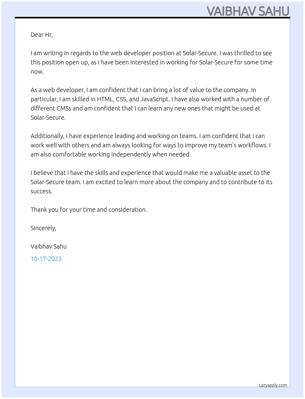 Web developer At Solar-Secure Cover Letter