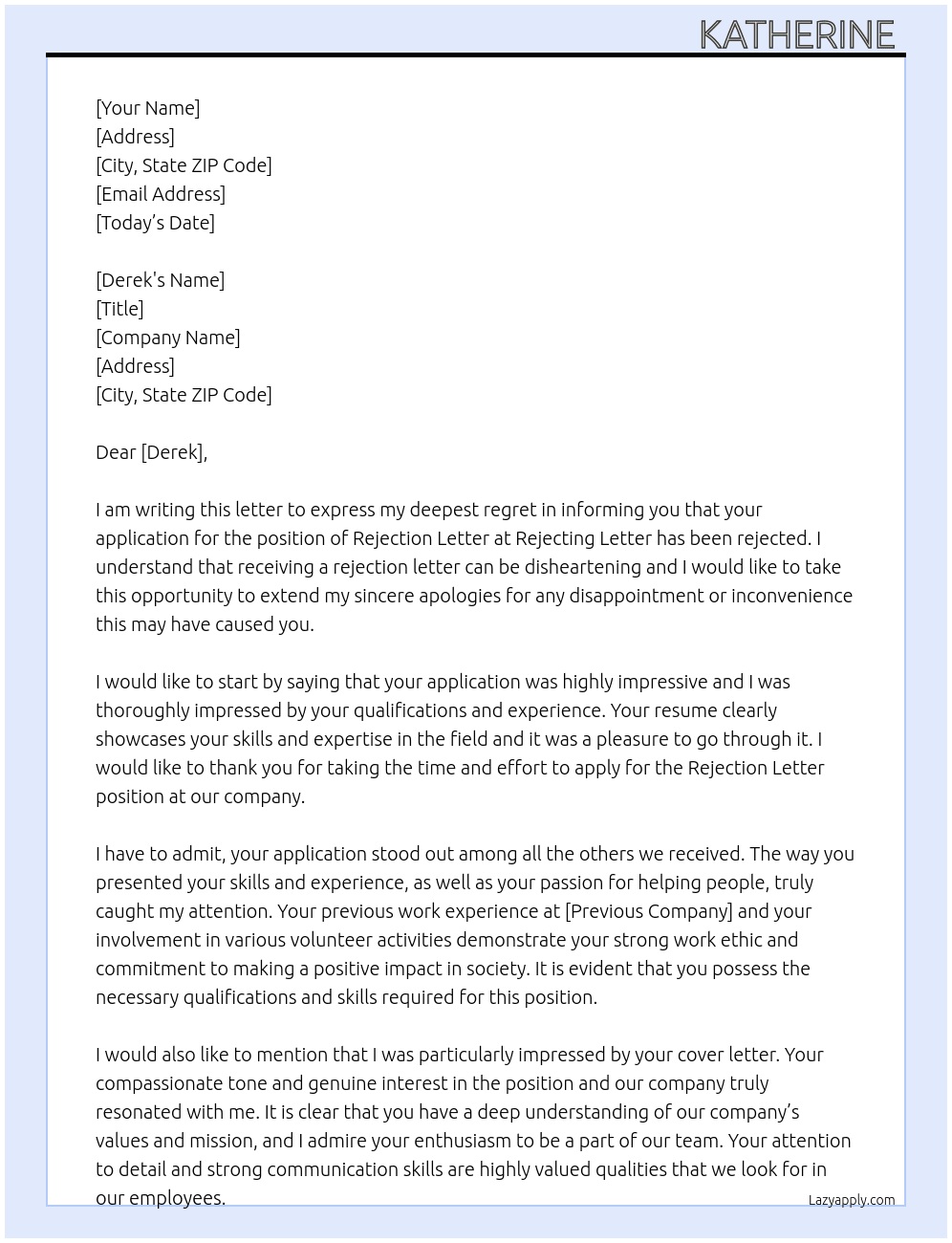 Rejection letter  At Rejecting letter  Cover Letter