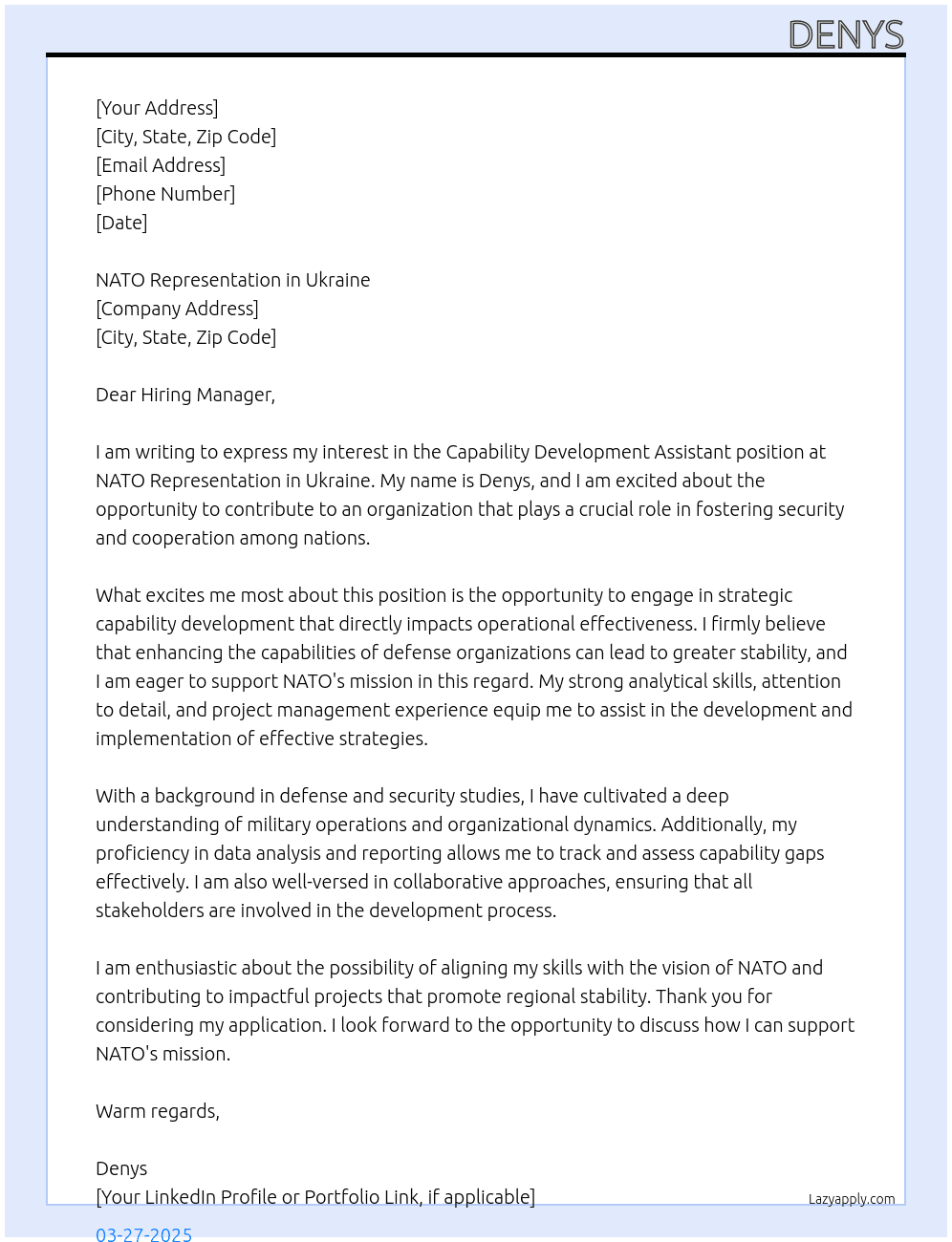Capability Developmant Assistant At NATO Cover Letter