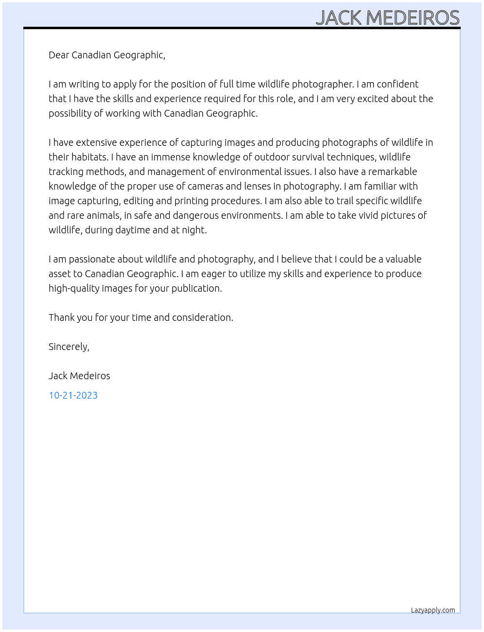 full time wildlife photographer At Canadian Geographic  Cover Letter