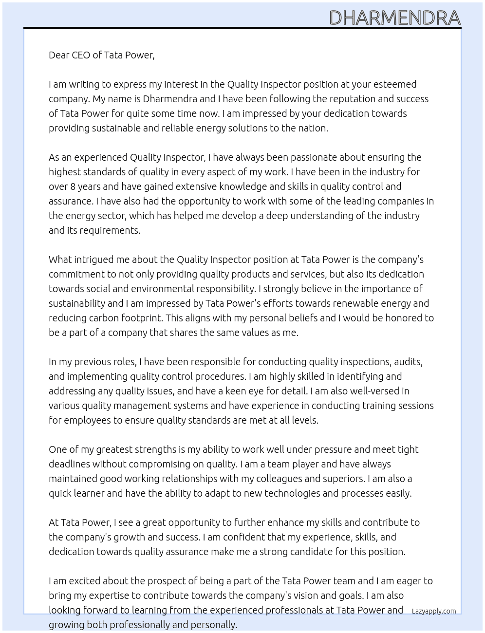 Quality inspector At Tata power Cover Letter