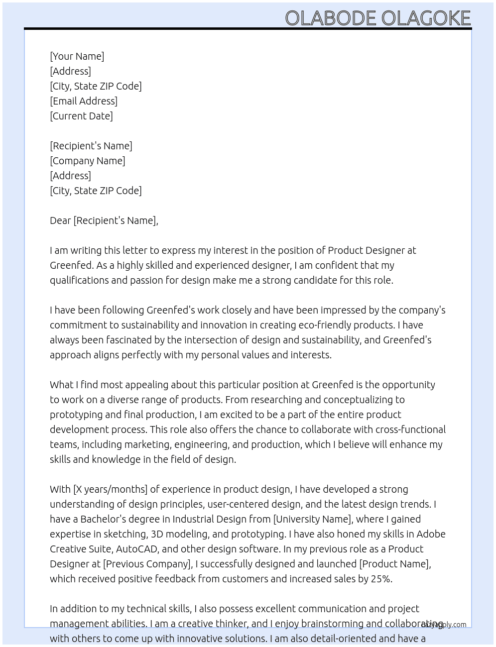 Product designer  At Greenfed  Cover Letter