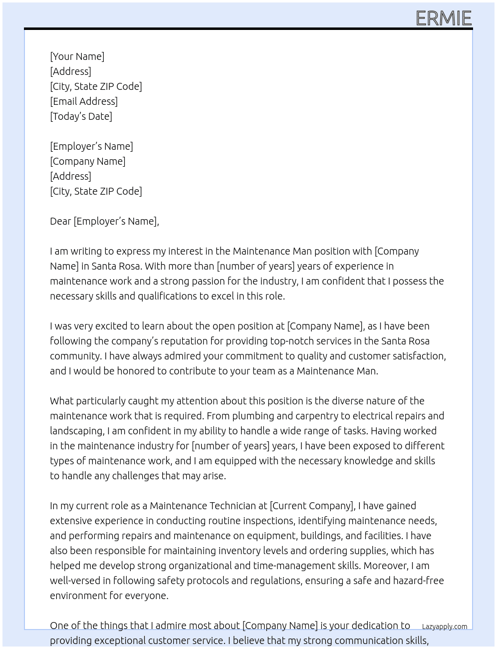 maintence man At santa rosa  Cover Letter