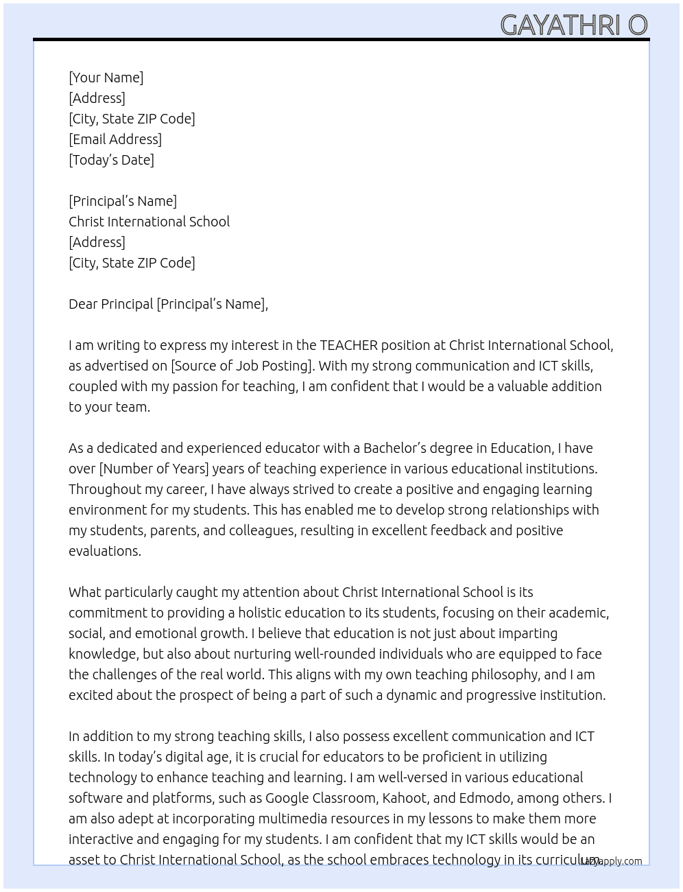 TEACHER At Christ International School Cover Letter