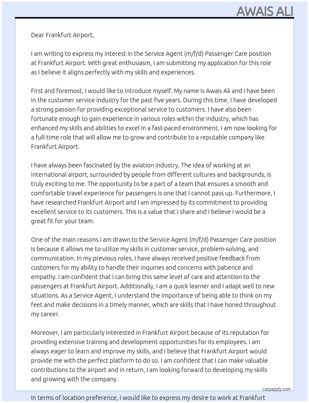 Service Agent (m/f/d) Passenger Care At Frankfurt Airport Cover Letter
