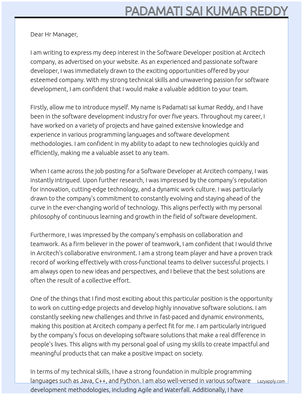 Software developer At Arcitech company Cover Letter