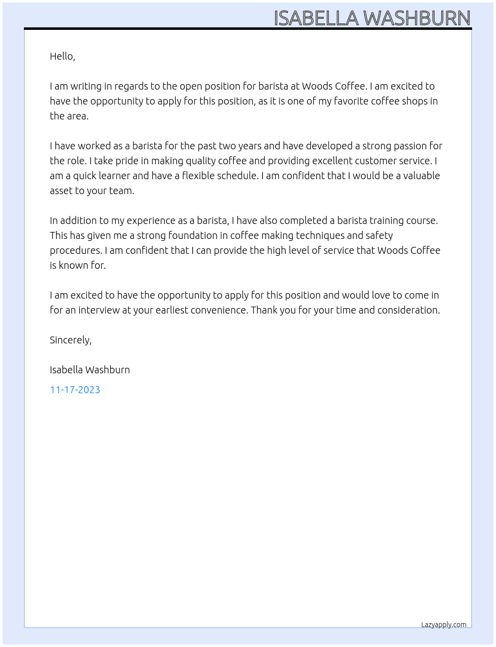 Barista At Woods Coffee Cover Letter