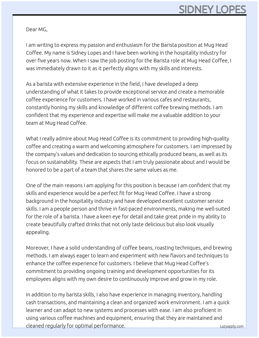 barista At mug head coffee Cover Letter